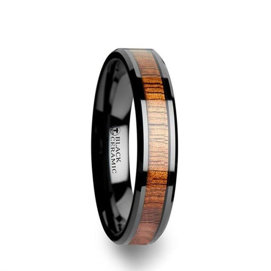 ACACIA Koa Wood Inlaid Black Ceramic Ring with Bevels - 4mm - 6mm