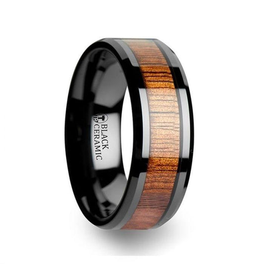 ACACIA Koa Wood Inlaid Black Ceramic Ring with Bevels - 8mm - 12mm