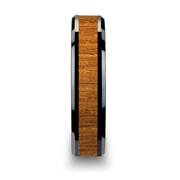SAGON Black Ceramic Ring with Polished Bevels and Teak Wood Inlay - 6mm - 10mm