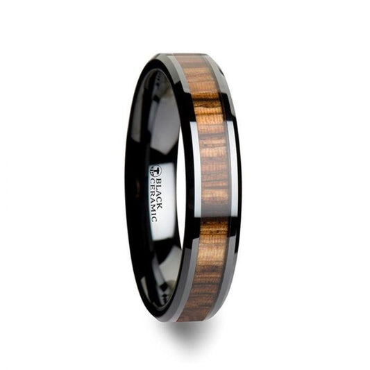 ZEBRANO Black Ceramic Ring with Beveled Edges and Real Zebra Wood Inlay - 4mm - 6mm