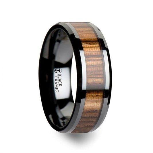 ZEBRANO Black Ceramic Ring with Beveled Edges and Real Zebra Wood Inlay - 8mm - 10mm