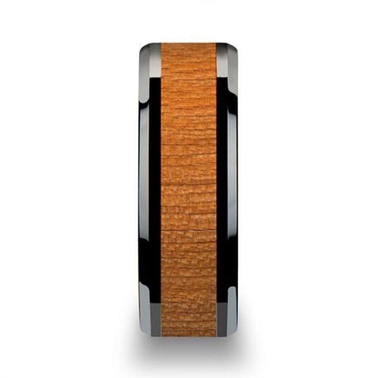 IOWA Black Ceramic Wedding Ring with Polished Bevels and Black Cherry Wood Inlay - 6mm - 10mm