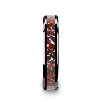 TRIASSIC Red Dinosaur Bone Inlaid Black Ceramic Beveled Edged Ring - 4mm & 8mm