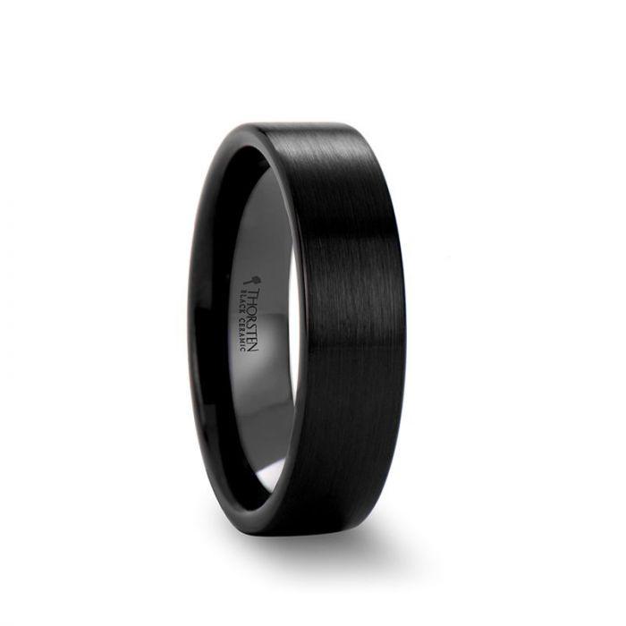 DRAKON Flat Pipe Cut Brush Finished Black Ceramic Wedding Band - 2mm - 6mm