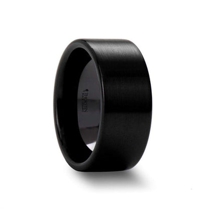 DRAKON Flat Pipe Cut Brush Finished Black Ceramic Wedding Band - 8mm - 12mm