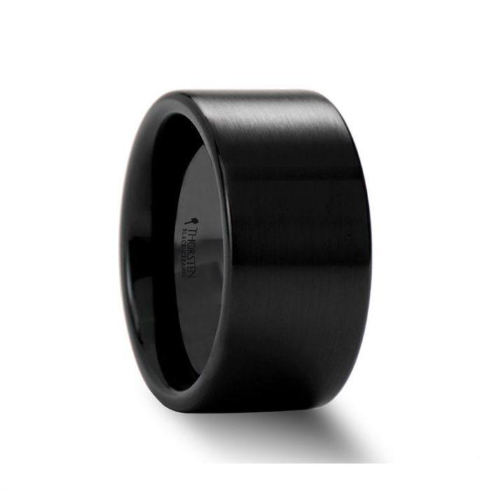 DRAKON Flat Pipe Cut Brush Finished Black Ceramic Wedding Band - 8mm - 12mm
