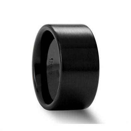 DRAKON Flat Pipe Cut Brush Finished Black Ceramic Wedding Band - 8mm - 12mm