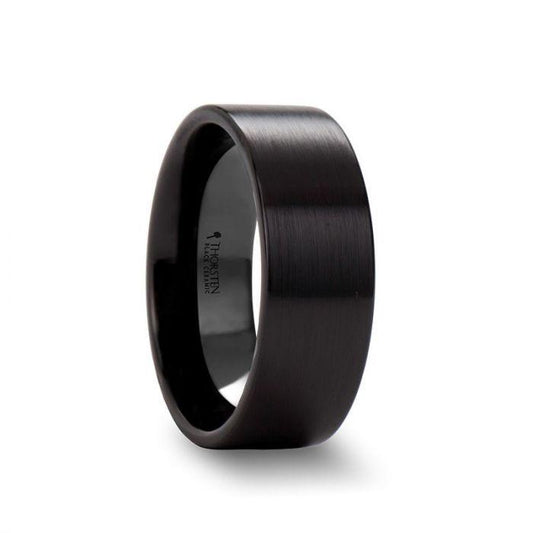 DRAKON Flat Pipe Cut Brush Finished Black Ceramic Wedding Band - 8mm - 12mm
