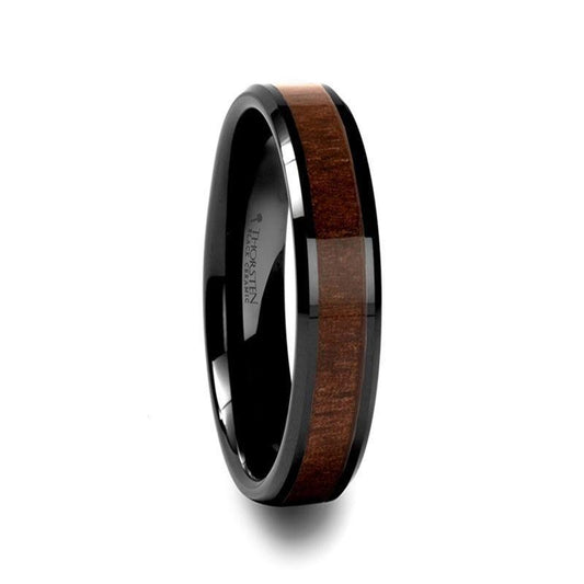 YUKON Beveled Black Ceramic Ring with Black Walnut Wood Inlay - 4mm - 6mm