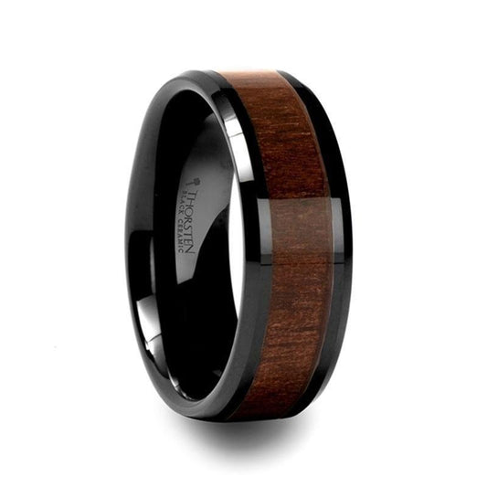 YUKON Beveled Black Ceramic Ring with Black Walnut Wood Inlay - 8mm - 12mm