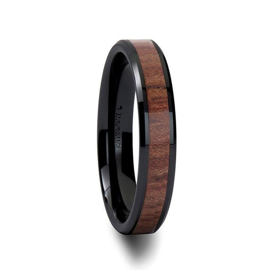 DENALI Black Ceramic Wedding Band with Bevels and Rosewood Inlay - 4mm - 6mm