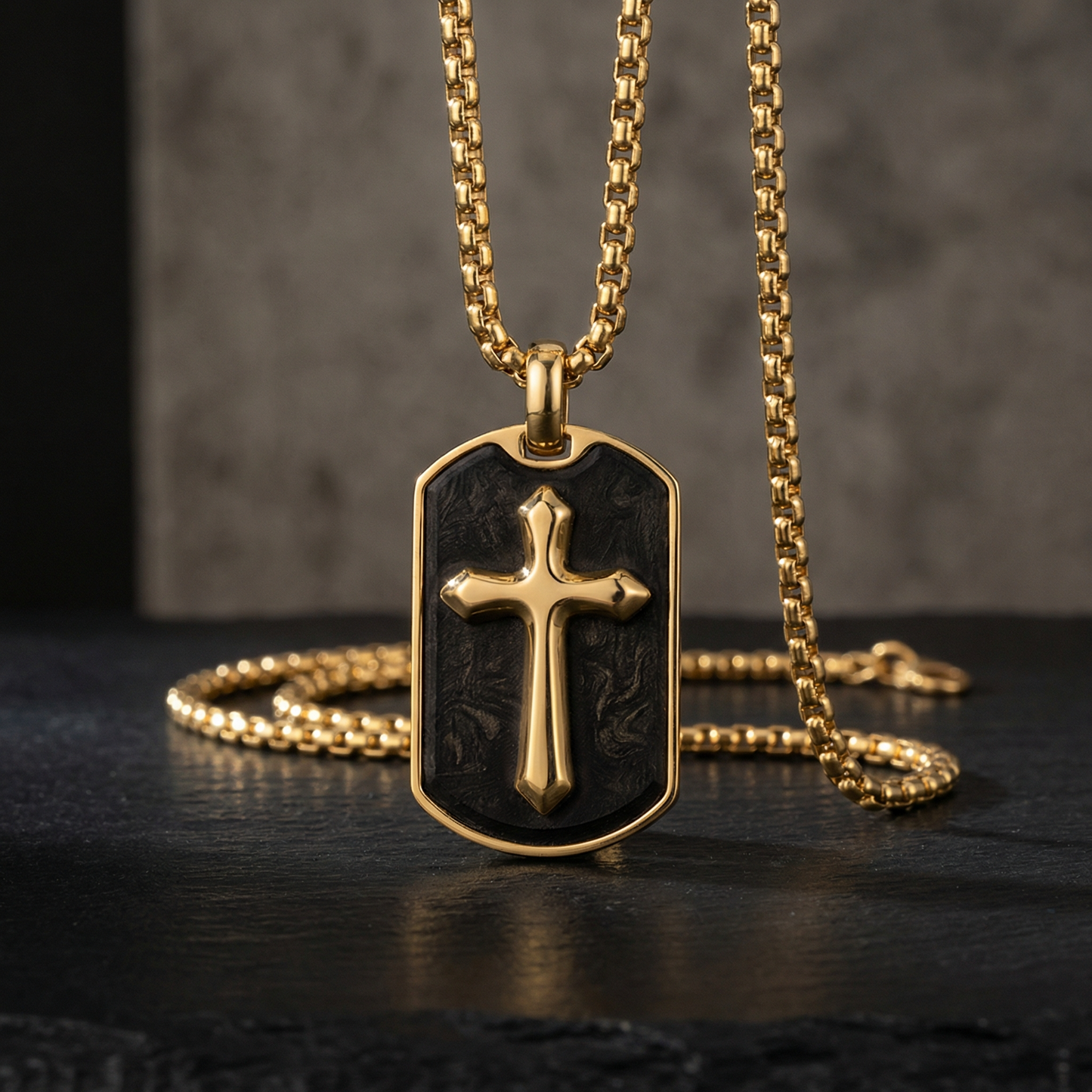 Gold Stainless Steel Pendant with Forged Carbon Fiber Inlay with 22in Matching Chain