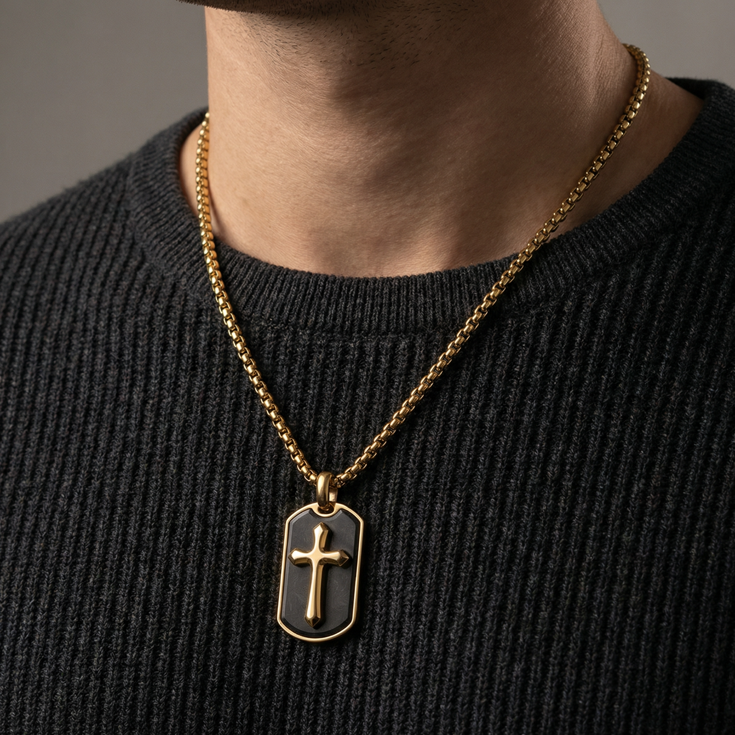 Gold Stainless Steel Pendant with Forged Carbon Fiber Inlay with 22in Matching Chain