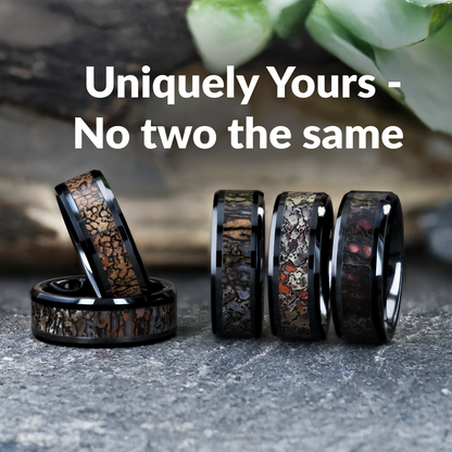 SILURIAN Dinosaur Bone Inlaid Black Ceramic Beveled Edged Ring - 4mm or 8mm