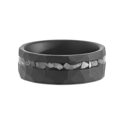 FISSURE Black Tungsten Ring with Hammered Finish and Meteorite Inlay - 8mm