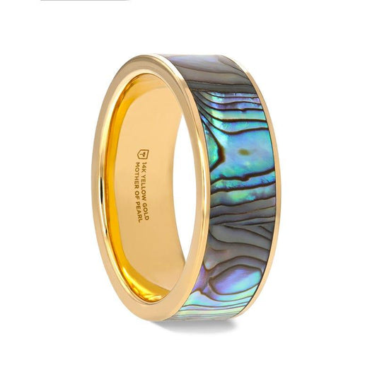 GALAN Flat 14K Yellow Gold Ring with Mother of Pearl Inlay and Polished Edges - 8mm