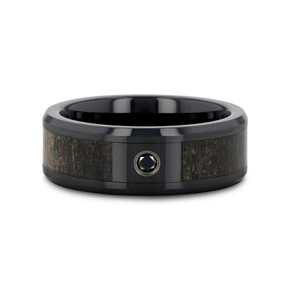 MONTANA Black Ceramic Ring with Ombre Deer Antler Inlay Polished Beveled Edges with Black Diamond - 8mm