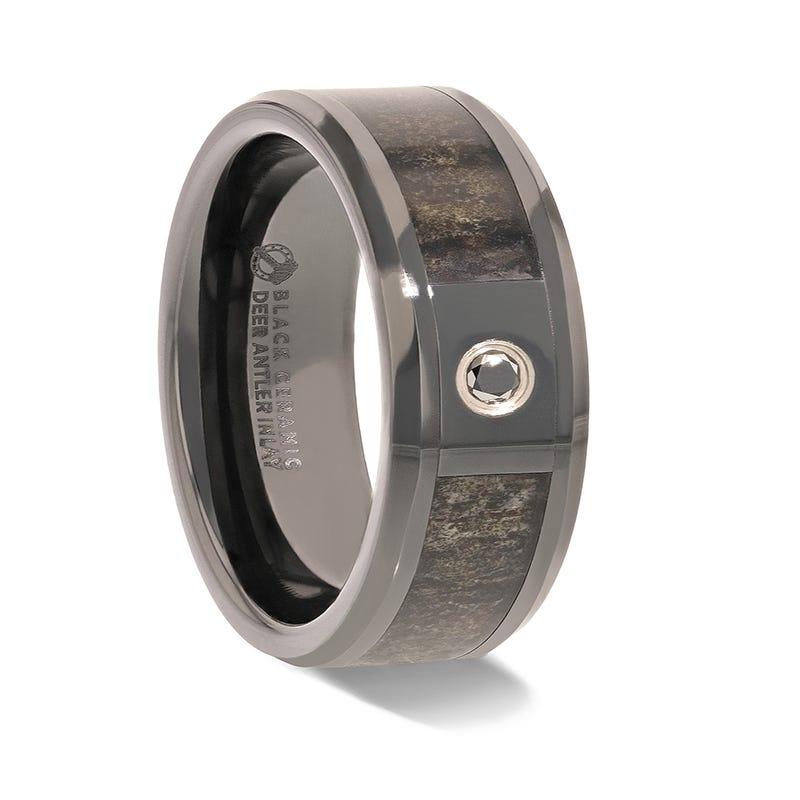 MONTANA Black Ceramic Ring with Ombre Deer Antler Inlay Polished Beveled Edges with Black Diamond - 8mm