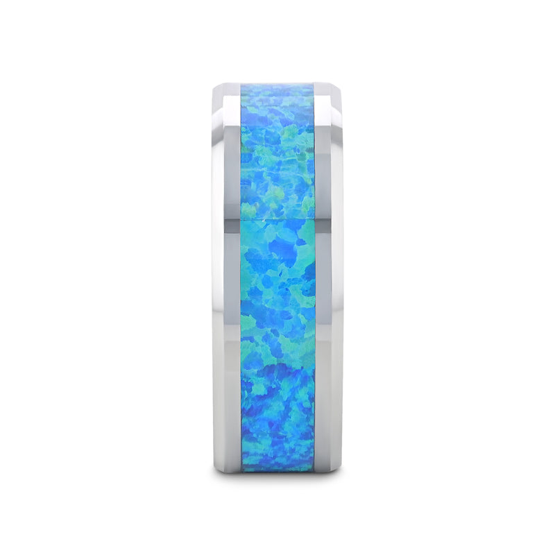 QUASAR Tungsten Wedding Band with Blue Green Opal Inlay - 4mm - 10mm