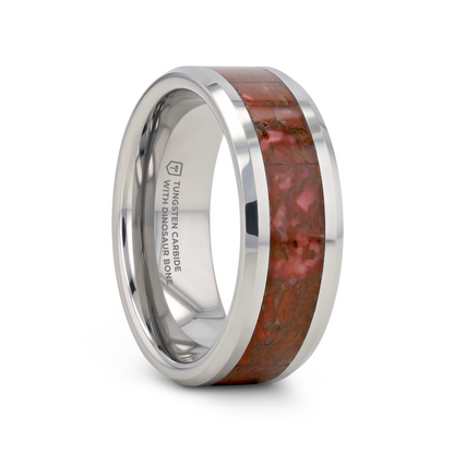 JURASSIC Red Dinosaur Bone Inlaid Tungsten Carbide Beveled Edged Ring - 4mm & 8mm