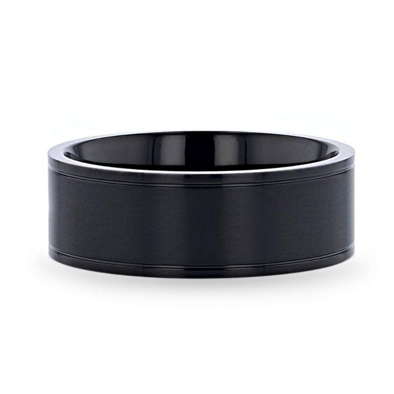 WOLFGANG Black Titanium Brushed Finish Men’s Wedding Ring with Polished Dual Offset Grooves – 6mm & 8mm