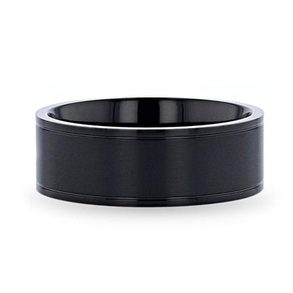 WOLFGANG Black Titanium Brushed Finish Men’s Wedding Ring with Polished Dual Offset Grooves – 6mm & 8mm