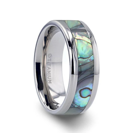 KAUI Titanium Polished Finish Mother Of Pearl Inlaid Men’s Beveled Wedding Band - 6mm & 8mm