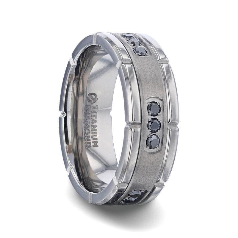 Thorsten COURAGEOUS Brushed Center Titanium Men's Wedding Band With Double Grooved Polished Edges And Black Diamond Settings - 8mm Thorsten COURAGEOUS Brushed Center Titanium Men's Wedding Band With Double Grooved Polished Edges And Black Diamond Settings - 8mm