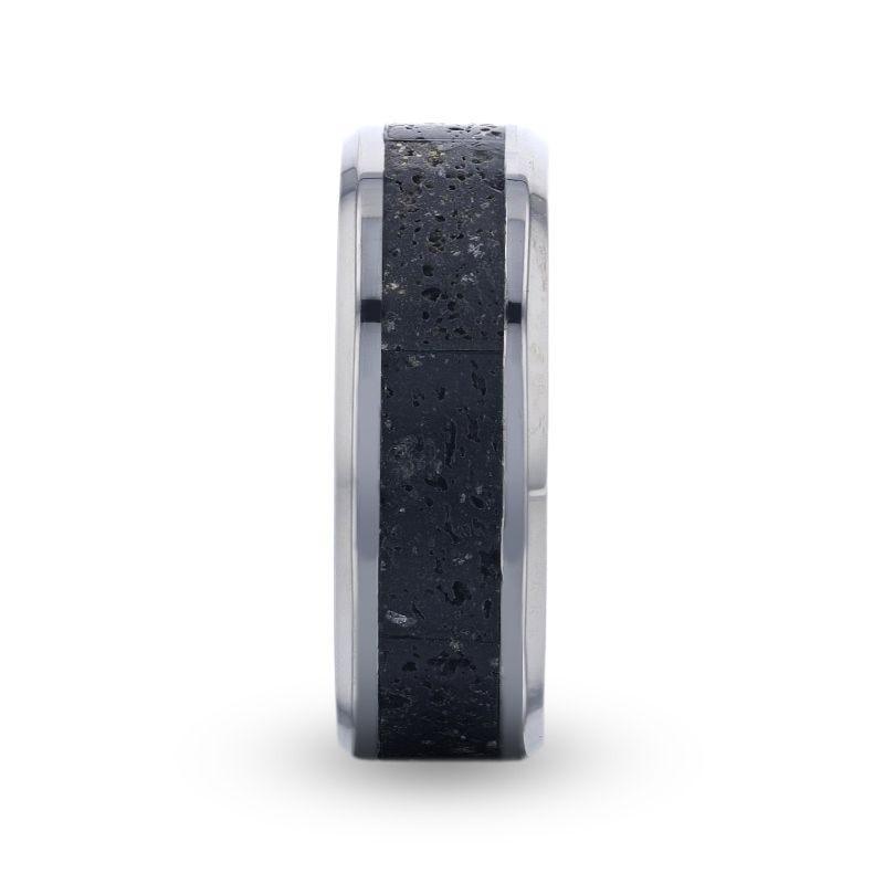 MAUNA Black And Gray Lava Inlaid Titanium Men's Wedding Band With Polished Beveled Edges - 8mm
