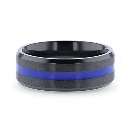 JACKSEN Black Titanium Men's Wedding Band Beveled Black Titanium With Blue Stripe Inlaid Brushed Finish Center And Polished Beveled Edges - 8mm