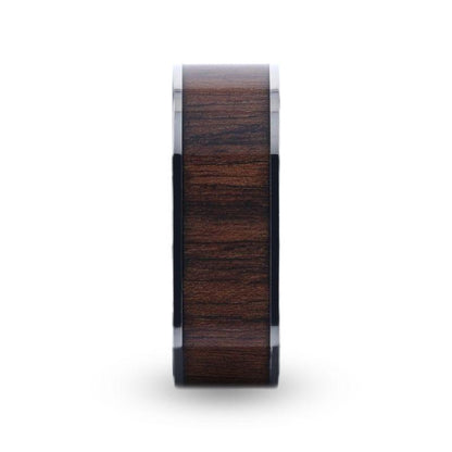 LOGAN Flat Polished Black Walnut Wood Inlaid Titanium Men's Wedding Band With Flat Polished Edges - 8mm
