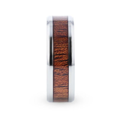 MELIA Mahogany Wood Inlaid Titanium Flat Polished Finish Men's Wedding Ring With Beveled Edges - 8mm