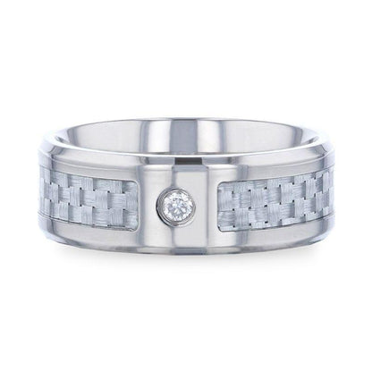 MAYBACH Light Gray Carbon Fiber Titanium Men's Wedding Band with White Diamond In The Squared Center Setting And Polished Beveled Edges - 8mm