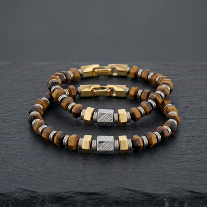 Hexagonal Tiger Eye Stone and Damascus Steel Bead Bracelet With Stainless Steel - 9 Inch