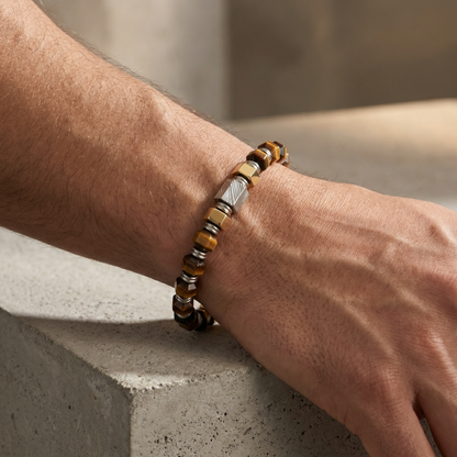 Hexagonal Tiger Eye Stone and Damascus Steel Bead Bracelet With Stainless Steel - 9 Inch