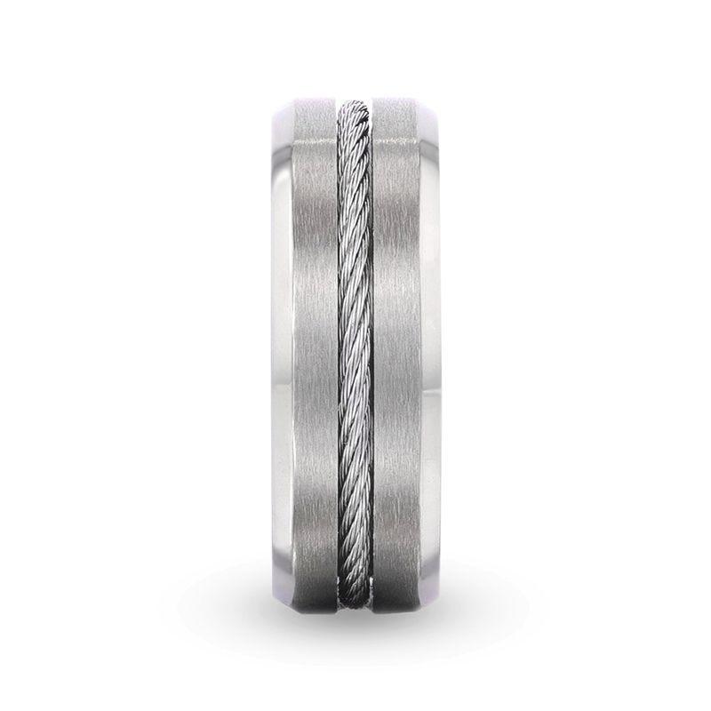 ALBERT Steel Cable Inlaid Brushed Center Titanium Men's Wedding Band With With Beveled Polished Edges - 8mm