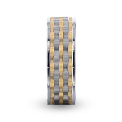 MONTROSE Wavy Gold And Gunmetal Texture Pattern Inlaid Titanium Men's Wedding Band With Flat Polished Profile - 8mm