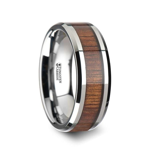 KONA Koa Wood Inlaid Tungsten Carbide Ring with Bevels - 8mm - 12mm