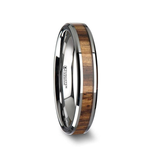 PALMALETTO Tungsten Carbide Ring with Beveled Edges and Real Zebra Wood Inlay - 4mm - 6mm