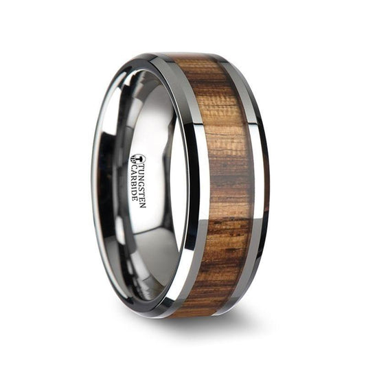 PALMALETTO Tungsten Carbide Ring with Beveled Edges and Real Zebra Wood Inlay - 8mm - 10mm