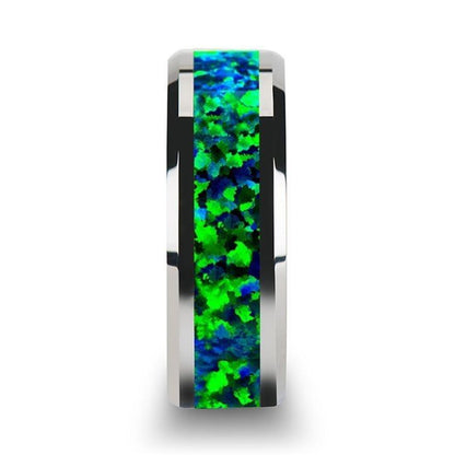 PHOTON Tungsten Beveled Wedding Band with Emerald Green & Sapphire Blue Color Opal Inlay - 6mm & 8mm