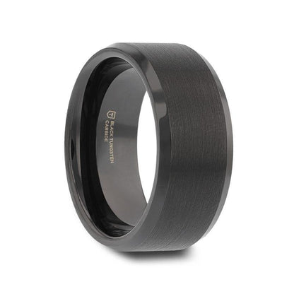 ELISE Black Tungsten Ring with Polished Beveled Edges and Brush Finished Center - 8mm - 10mm