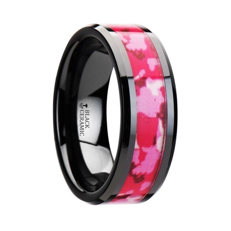 SIERRA Black Ceramic Ring with Pink and White Camouflage Inlay 6mm 8mm