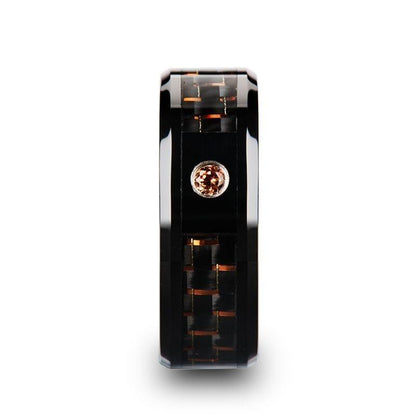 HELSING Black Ceramic Ring with Black and Orange Carbon Fiber and Orange Padparadscha Setting - 8mm