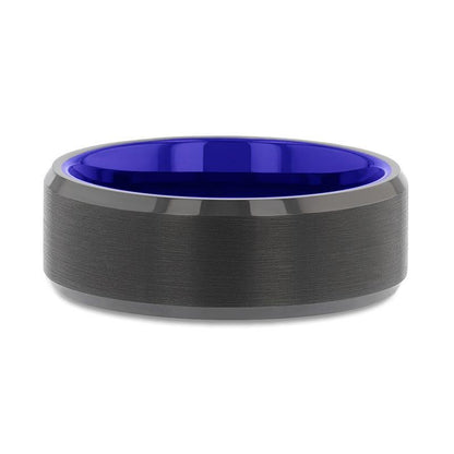 RIGEL Flat Beveled Edges Black Tungsten Ring with Brushed Center and Vibrant Blue Ceramic Inside - 6mm & 8mm