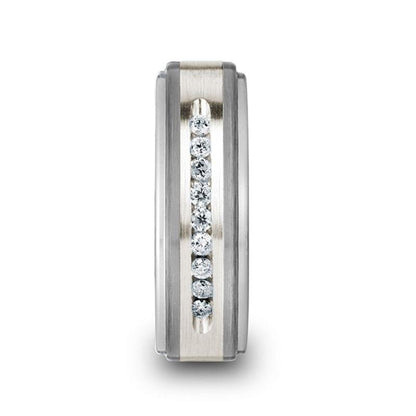 HARPER Tungsten Wedding Band with Raised Center & Brushed Silver Inlay and 9 Channel Set White Diamonds - 8mm
