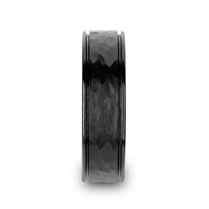 REVENANT Hammered Finish Center Black Ceramic Wedding Band with Dual Offset Grooves and Polished Edges - 6mm or 8mm