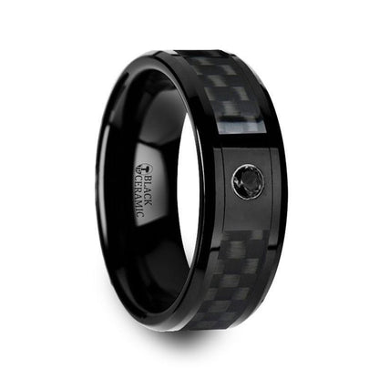 ABERDEEN Black Ceramic Band with Black Diamond and Black Carbon Fiber Inlay - 8mm