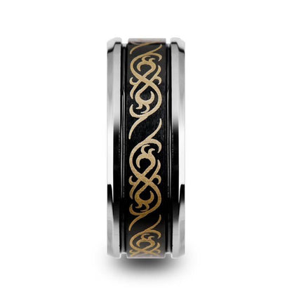 RAIZEN Tungsten Carbide Wedding Ring with Dual Offset Grooves and Laser Engraved Celtic Pattern Polished and Beveled Edges - 8mm
