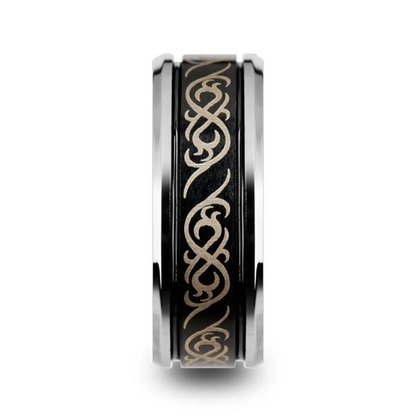RAIZEN Tungsten Carbide Wedding Ring with Dual Offset Grooves and Laser Engraved Celtic Pattern Polished and Beveled Edges - 8mm